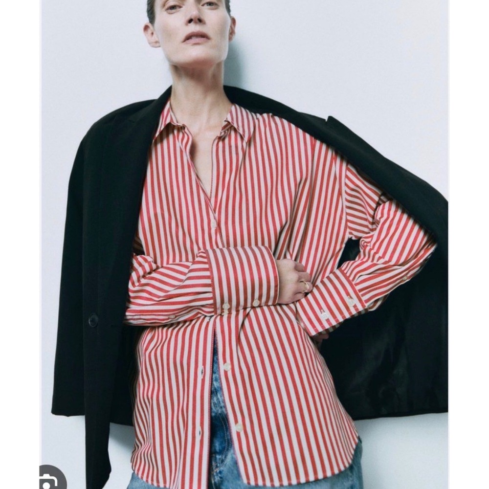 Zara Womens XXL NWOT Red White Striped Button Down Shirt Long Sleeve Blouse - Picture 2 of 8